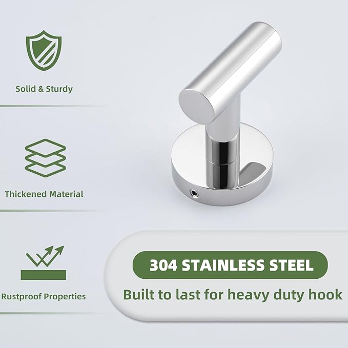 APLusee Polished Chrome Towel Hook, 304 Stainless Steel Heavy Duty Robe Hook, Wall Mounted
