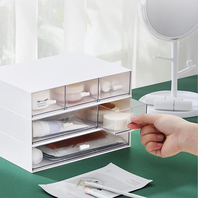 Desk Organizer-3 Tier Stackable Storage Drawers with 6 Compartments White Compact Desk Storage Drawers Great for Makeup Storage Bathroom Organization Accessories Etc (White)-NeatNest