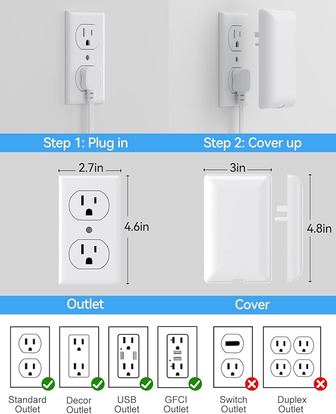 Flat Extension Cord with Outlet Cover & Cable Clips- 10 FT, 1625W Child Proof Extension Cord with 3 AC Outlet 4 USB (24W/4.8A), Flat 90 Degree Power Strip for Behind Furniture Couch Sofa TV, etc