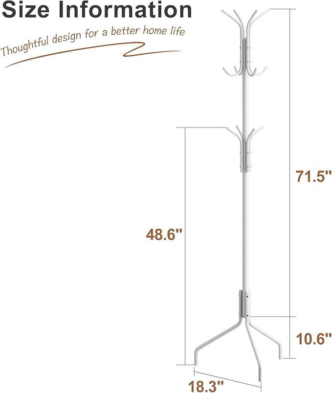 FILWH Coat Rack Freestanding Coat Tree Standing Hat Hanger Jacket Organizer Rack Metal,18.3" L x 18.3" W x 71.5" H,White-NeatNest