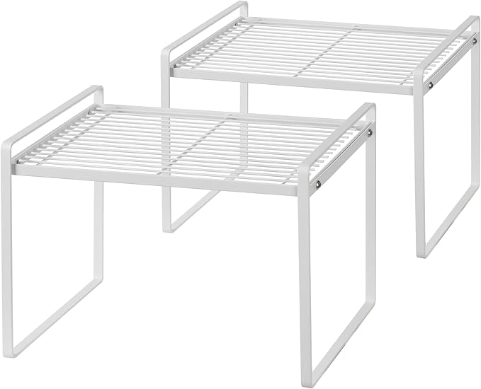 2Pack Kitchen Cabinet Shelf Counter Organizer Rack Pantry Storage Bathroom Bedroom Office Table Desk Space Saving Stackable Rust Resistant Non Slip White Tall Wide L13.1in W10.6in H9.5in-NeatNest