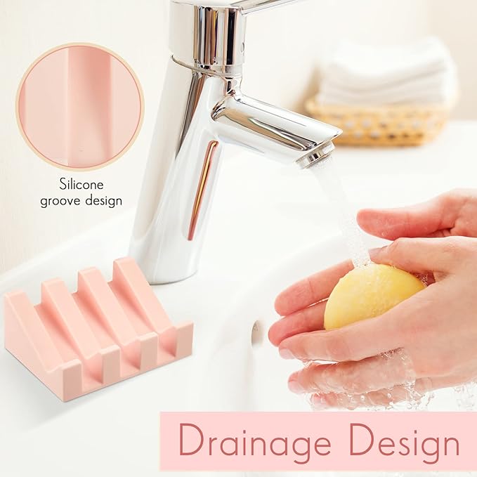 Cunhill 2 Pieces Silicone Soap Dish Self Draining Soap Dish Shower Waterfall Bar Soap Holder Tray with Drain Soap Saver for Kitchen Bathroom Accessories (Light Pink)-NeatNest