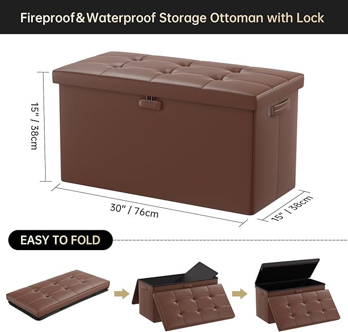 DocSafe Storage Ottoman Bench with Lock,Fireproof 30 Inches Folding Bench Foot Rest Stool Storage Chest Safe for Living Room,Bedroom,Home Office,Waterproof Leather Ottoman with Handles,Brown-NeatNest