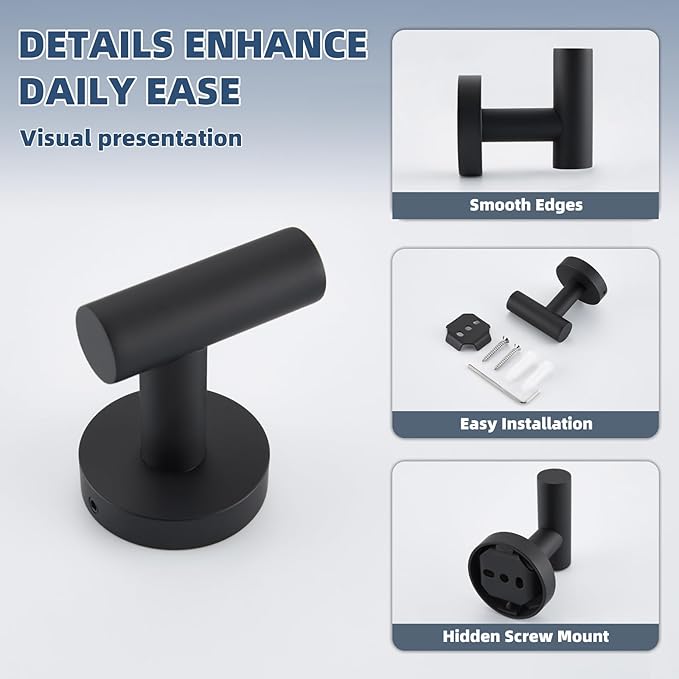 APLusee Towel Coat Hook Matte Black, 304 Stainless Steel Robe Hook, Bath Kitchen Contemporary Wall Mounted