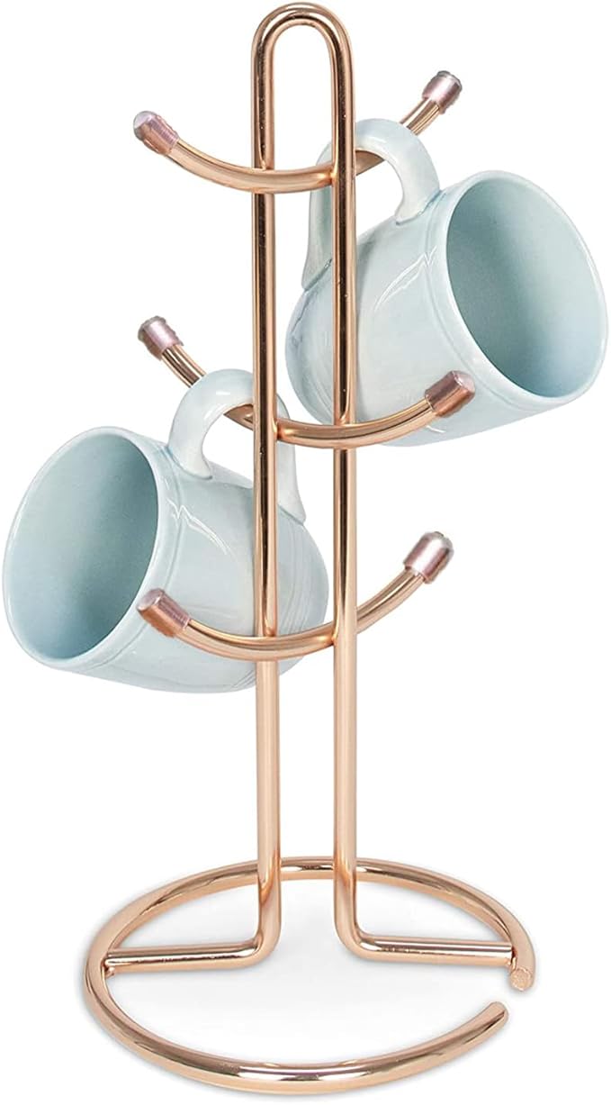 FitWell Mugs Holder, Mug Tree, Coffee Mug Hanger, Mug Tree, Mug Organizer for Cabinet, Mug Holder Stand, Coffee & Tea Cup Storage Rack (Copper, 6 Mugs (15" H))-NeatNest