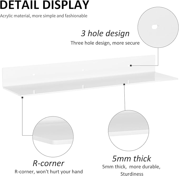 24 Inches Acrylic Wall Shelves 2 Pack, Floating Shelf for Wall Mounting, Acrylic Display Ledges for Funko Pop Figures, Home Décor, Living Room, Gaming Room, Plants(24 inch, White)-NeatNest