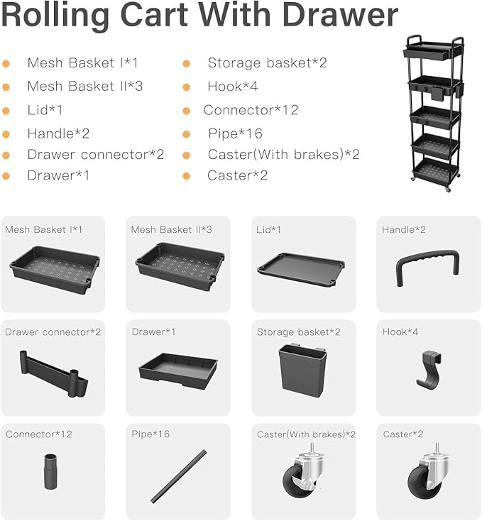 5 Tier Rolling Cart Organizer,Bathroom Cart Organizers with Wheels Laundry Room Organization Mobile Shelving Unit Utility Cart Storage Shelves Multi-Functional for Office, Home(Black)-NeatNest