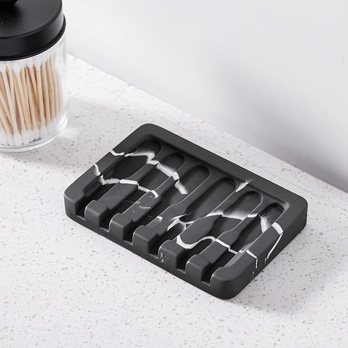 2PCS Self Draining Soap Dish - Marble Look Soap Holder Tray Savers Box Container Sponge Holder for Bathroom Shower Kitchen, Black-NeatNest