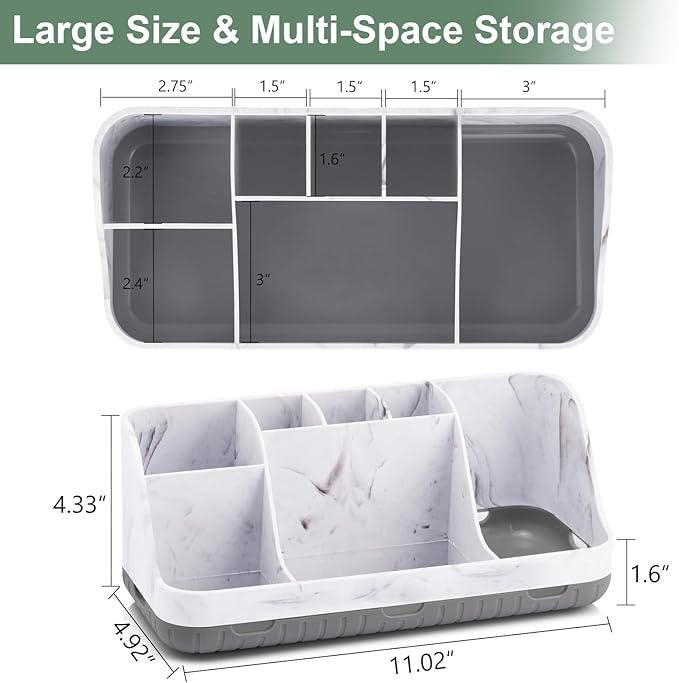 Marble Bathroom Countertop Organizer - Detachable 7 Slots Kids Electric Toothbrush and Toothpaste Holde Drainage for Bathroom Accessories Organization Counter Vanity Storage, Grey