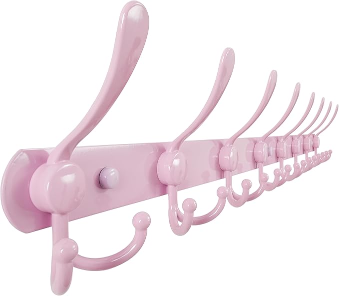Dseap Coat Rack Wall Mount - 29.5” Long 8-Tri-Hooks Heavy Duty Coat Hanger Rail Wall Hooks for Hanging Coats Hats Clothing Clothes Purse Mudroom Entryway, Pink-NeatNest