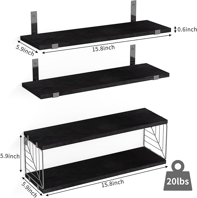 Fixwal 3+1 Tier Bathroom Floating Shelves Over Toilet, 15.8in Farmhouse Rustic Wood Shelves, Wall Decor for Bathroom, Living Room,Bedroom and Kitchen (Black)-NeatNest