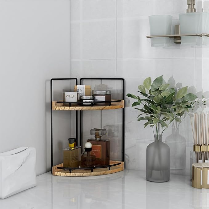Dorhors 2-Tier Bathroom Counter Organizer,Vanity Counter Corner Shelf, Skincare, Wood Countertop Bathroom Storage and Organization for Kitchen (Brown)-NeatNest