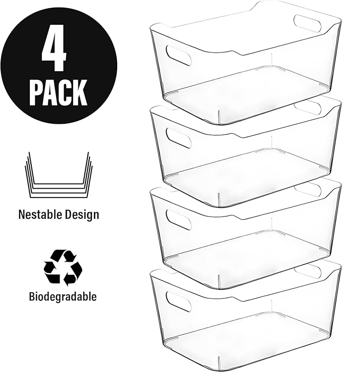 Clear Plastic Storage Bins, Perfect for Kitchen Organization or Pantry Organizers and Storage, Refrigerator Freezer Fridge Organizer Storage Containers Bin for Organizing Medicine Cabinet Organizer-NeatNest