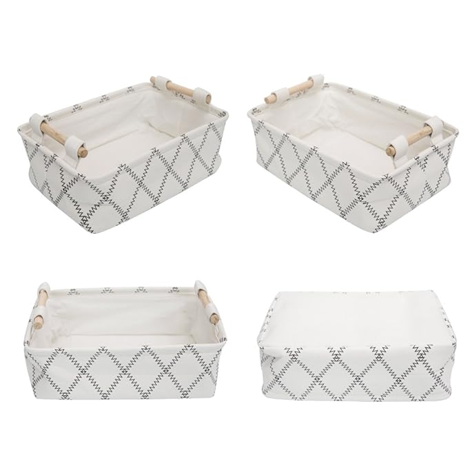 Decorative Collapsible Rectangular Fabric Storage Bin Organizer Basket with Wooden Handles for Clothes Storage,12.6x8.7x4.7 inch,White-NeatNest