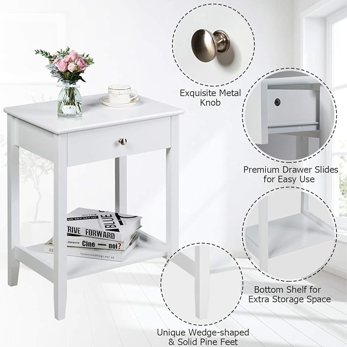 Giantex Nightstand Wooden 2-Tier Couch Sofa Side Table with Drawer, Storage Shelf, Solid Wood Legs,Mufti-Functional Home Furniture for Living Room Bedroom Study Room End Table (2, White)