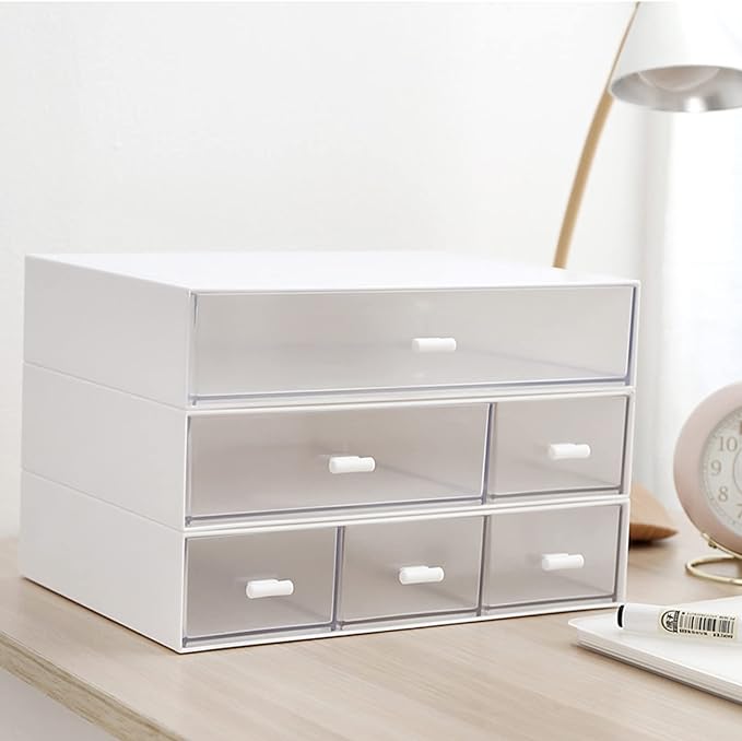 Desk Organizer-3 Tier Stackable Storage Drawers with 6 Compartments White Compact Desk Storage Drawers Great for Makeup Storage Bathroom Organization Accessories Etc (White)-NeatNest