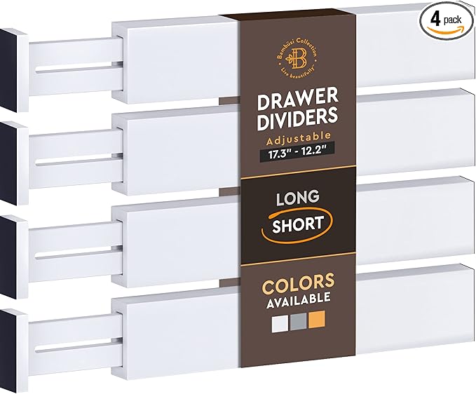 4 Pack Drawer Dividers Bamboo 2.6" High, 12.5"-17" Adjustable Drawer Organizers for Clothes, Expandable Dresser Separators in Bedroom/Bathroom/Kitchen/Office Organization and Storage (White)-NeatNest