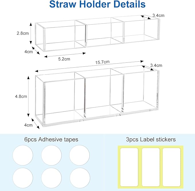2 Pack Acrylic Straw Holder for Cabinet Door, 6" Clear Cabinet Straw Organizer with Double Sided Adhesive Tape and Sticker,Reusable Tumbler Organizer Storage for Kitchen Counter Cupboard