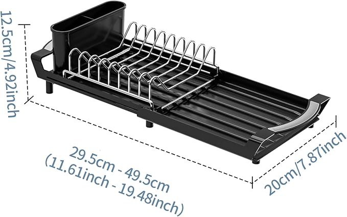Expandable Dish Drying Rack for Sink or Countertop – Compact Stainless Steel Dish Drainer with Removable Utensil Holder, Rustproof Plate Rack for Small Kitchen Spaces, Black