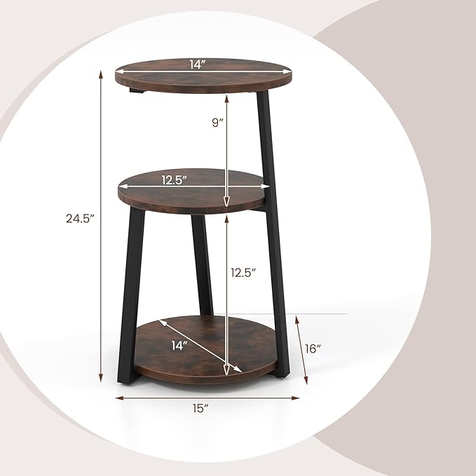 Giantex Round End Table, Industrial Side Table with Sturdy Metal Frame, Coffee Table, 3-Tier Bedside Table for Bedroom, Living Room, Couch, Accent Table for Small Spaces, Rustic Brown (1)