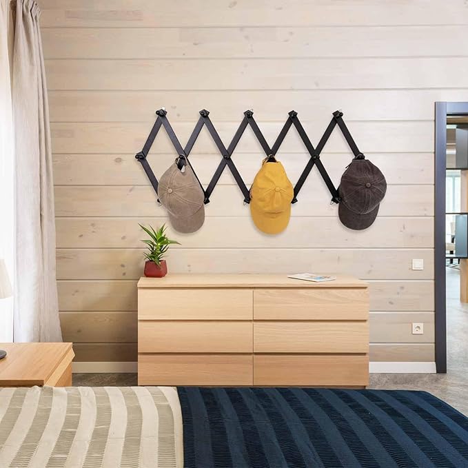Accordion Wall Hanger with 16 Hooks, Wooden Wall Expandable Coat Rack for Coat, Hats, Baseball Caps, Coffee Mug, Jewelry(Black)-NeatNest