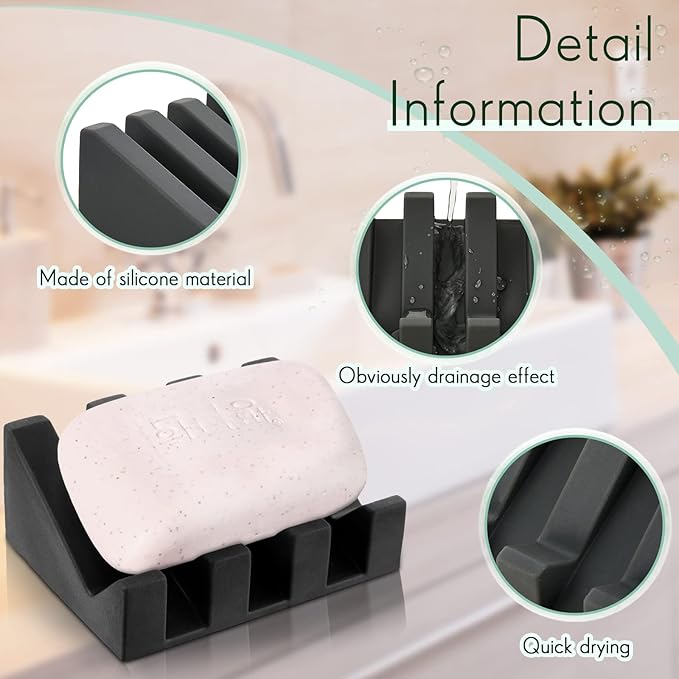 Cunhill 2 Pieces Silicone Soap Dish Self Draining Soap Dish Shower Waterfall Bar Soap Holder Tray with Drain Soap Saver for Kitchen Bathroom Accessories (Black)-NeatNest