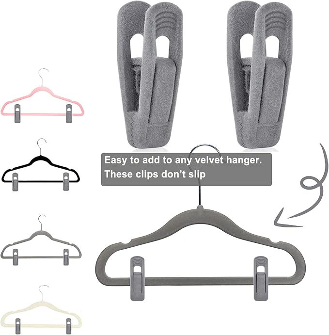 Grey Hanger Clips for Velvet Hangers - 40 PCS Gray Nonslip Velvet Hanger Clips, Skirt Hanger Flocking Clips Fit for Slim Velvet Hangers-NeatNest