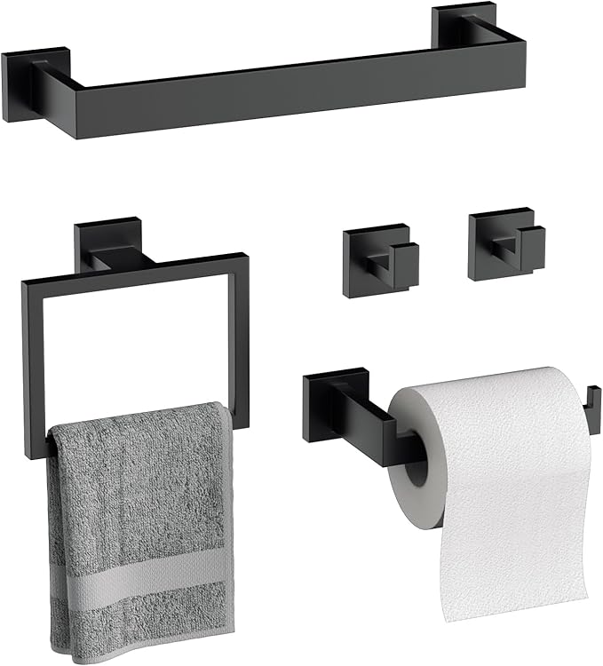 5-Piece Matte Black Bathroom Accessories Hardware Set, Stainless Steel 16 Inch Bath Towel Bar Set, Towel Racks for Bathroom Wall Mounted