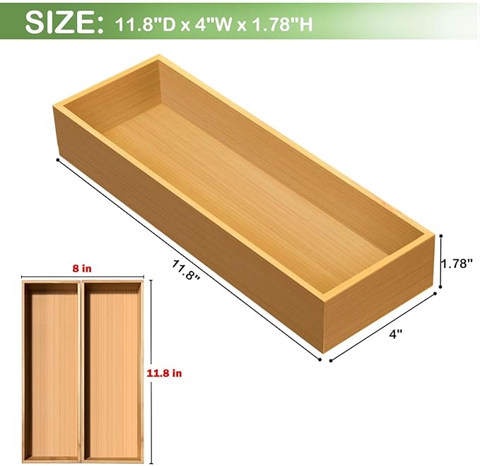 Bamboo Drawer Silverware Organizer, Utensil Organizer, Bamboo Storage Box Wood Silverware Tray for Drawer Set of 2-NeatNest