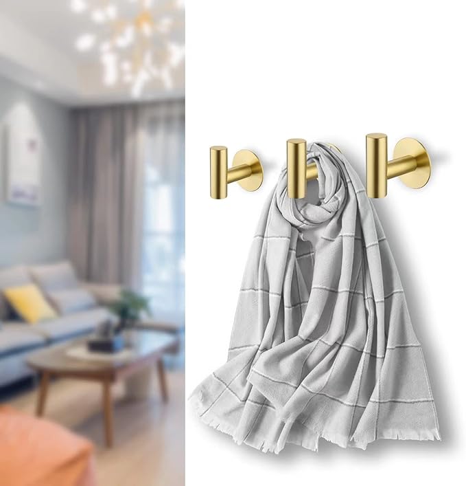 Adhesive Hooks Towel Hooks for Bathroom, Stainless Steel Waterproof Shower Hook Towels Holders, Coat Hook for Hanging Clothes, Wall Hooks Stick on Bathroom or Kitchen - 2 Pack, Gold