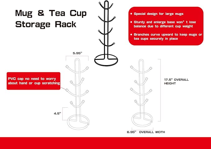 FitWell Mugs Holder, Mug Tree, Coffee Mug Holder, Coffee Mug Tree, Mug Organizer for Cabinet, Mug Holder Stand, Coffee & Tea Cup Storage Rack (Black, 8 Mugs Holder (17.5"H))-NeatNest