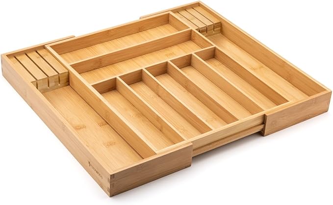 Bamboo Drawer Organizer with Knife Blocks - Silverware Organizer & Utensil Drawer Organizer, Cutlery Tray with Dividers, 7-9 Slots- Premium Kitchen Organizer for Utensils & Flatware (Natural)-NeatNest
