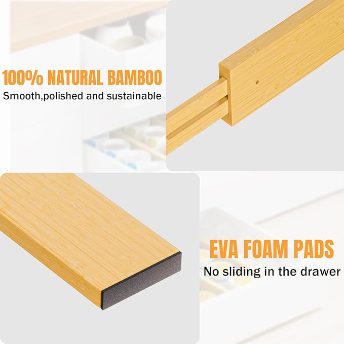 BAMBUROBA Bamboo Drawer Dividers, Adjustable Kitchen Drawer Organizer for Clothes,17-22" Expandable Drawer Organization Separators for Bedroom,Bathroom,Dresser and Office,6-Pack-NeatNest