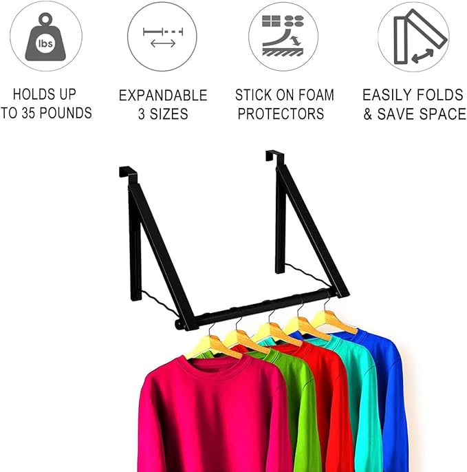 HOLDN’ STORAGE Over The Door Hanger - Foldable Rack Organizer for Hanging Clothes, Coats & Towels, Ideal for Dorm Rooms, Laundry, Bathrooms, Etc - Holds up to 35 LBs, Collapsible - Black (2 Pack)