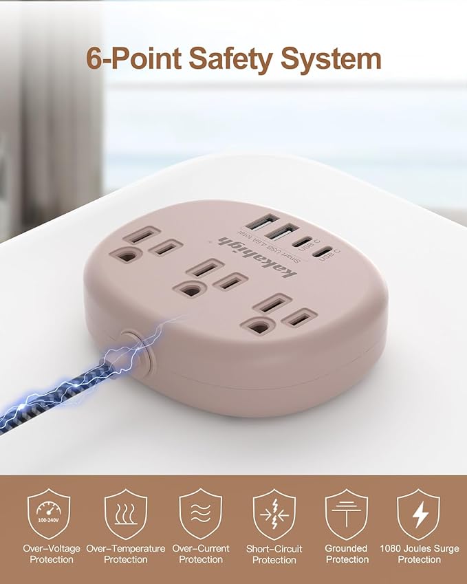 Brown Extension Cord with Surge Protected 1080J - 5 FT Flat Braided Extension Cord, 1625W Tan Extension Cord with 3 AC Outlet 4 USB (24W/4.8A), Compact for Brown Tan Wood Walnut Grain Desk Accessories-NeatNest