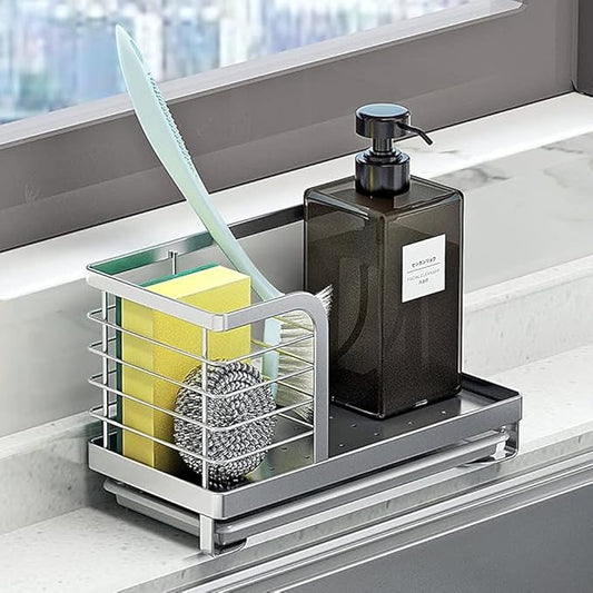 Countertop Dish Soap Holder, Kitchen Sink Caddy Organizer,Sponge Holder for Sink, Stainless Steel Sponge Soap Brush Holder with Drain Pan-NeatNest