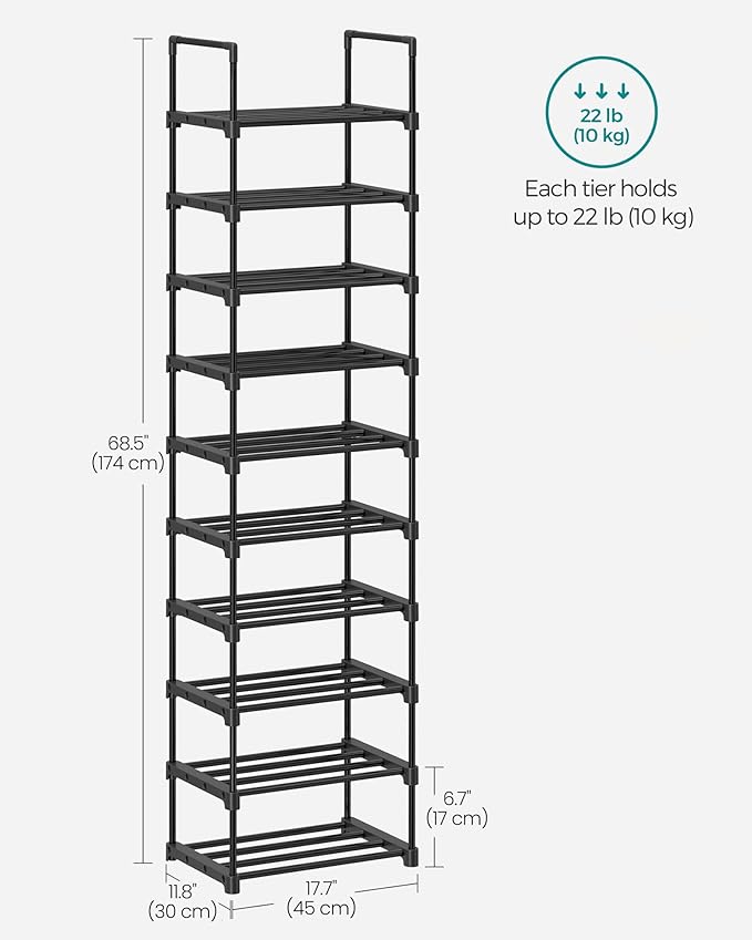 SONGMICS Shoe Rack, 10-Tier Shoe Organizer, Metal Storage Shelf, Upright or Upside Down, for 11-22 Pairs, for Entryway, 11.8 x 17.7 x 68.5 Inches, Black ULSA25BK-NeatNest