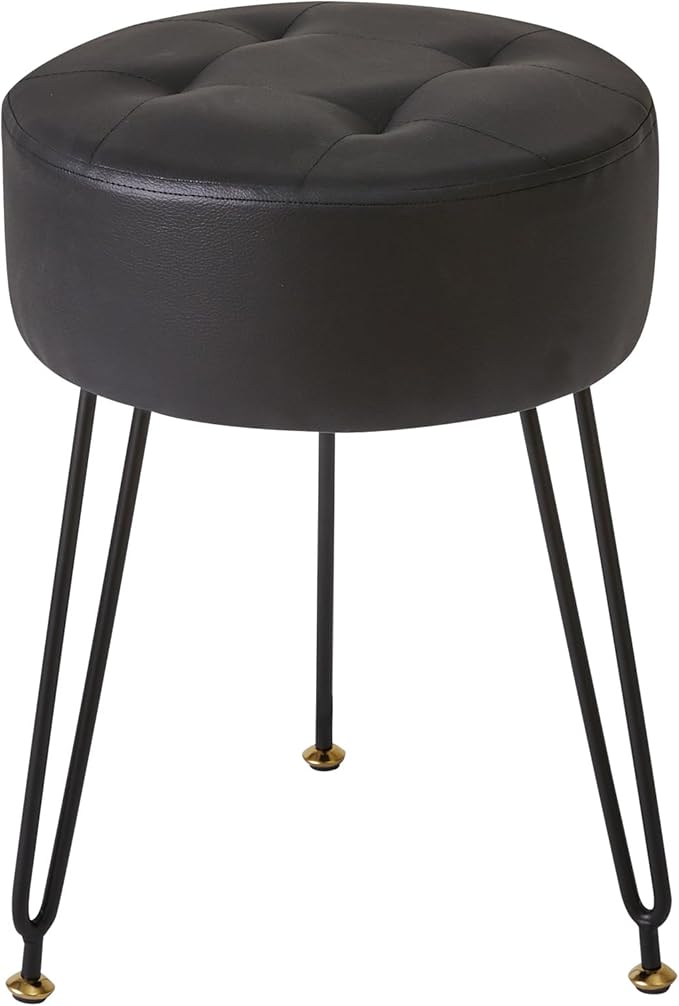 IBUYKE Faux Leather Round Footrest Stool, Makeup Vanity Stool Side Table, PU Dressing Table Seat, Pouf Couch Stool, Golden Steel Legs, Black LG-31B