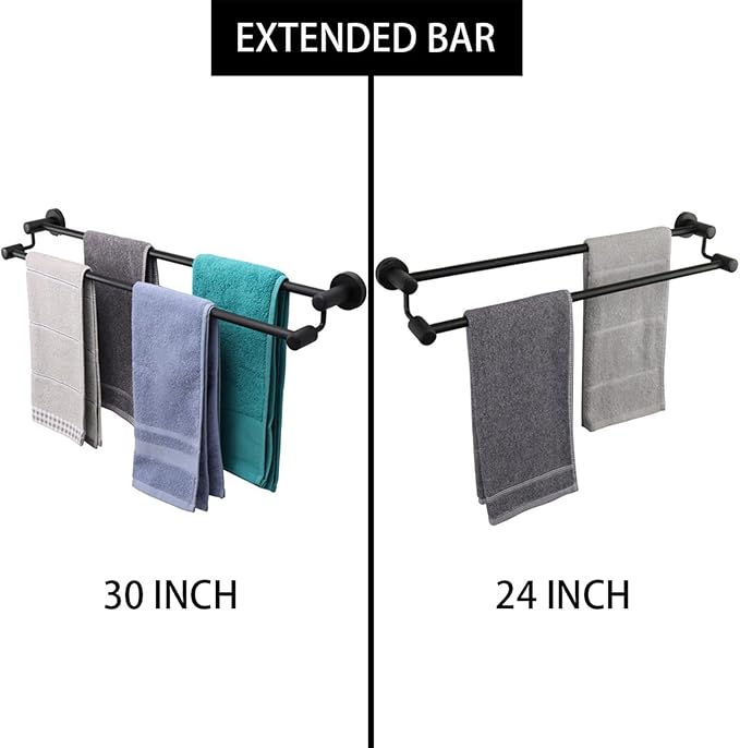 TocTen Double Bath Towel Bar - Thicken SUS304 Stainless Steel Towel Rack for Bathroom, Bathroom Accessories Double Towel Rod Heavy Duty Wall Mounted Towel Holder (Black, 30IN)