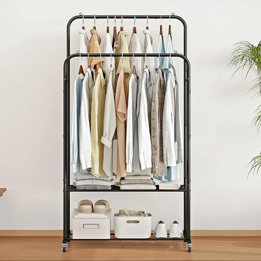 Clothes Rack with Wheels Garment Rack for Hanging Heavy-Duty Clothing Rack Metal Rolling Clothes Shelves for Bedroom, Closet (Black)-NeatNest