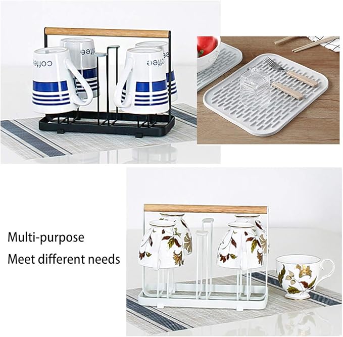 Cup Drying Rack Stand,Beer Glasses Rack 6 Cup Metal Drainer Holder Rack Non-Slip Mugs Cups Organizer with Wood Handle, Black-NeatNest