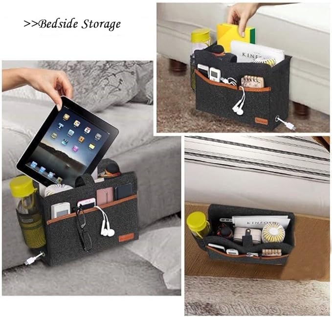 Bedside Caddy,Felt Bedside Storage Organizer, Hanging Storage for Dorm Bed Sofa for tablet Magazine Phone Remotes and Water Bottle Holder (Black)-NeatNest