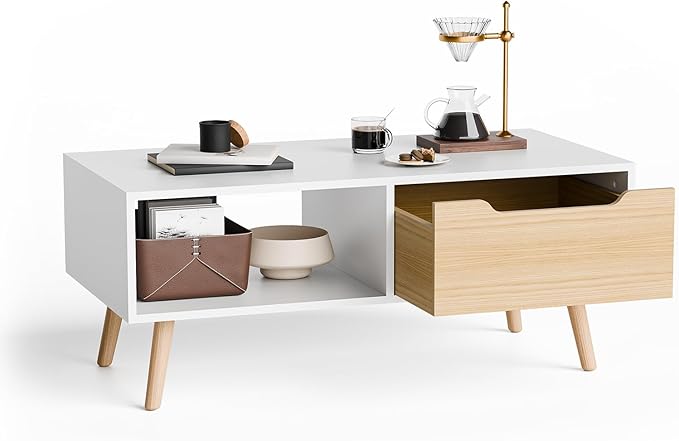 Cozy Castle Modern Coffee Table, Wooden Cocktail Table with Storage, Minimalist Hallway Table, Mid Century Modern Coffee Table for Living Room Apartment Reception, White-NeatNest