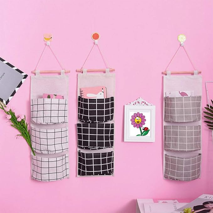 AUHOKY 3Pcs Wall Closet Hanging Storage Bag, Premium Linen Fabric Over The Door Organizer, Hanging Storage Pouches with 3 Pockets for Bedroom Bathroom - Waterproof & Stylish (Black/Gray/White)-NeatNest