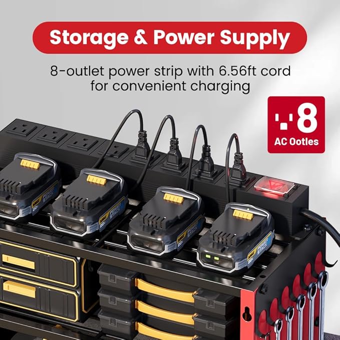 4 Layers Power Tool Organizer Wall Mount with Power Strip, Heavy Duty Metal Shelf, 400lbs Capacity for Cordless Drills, Batteries & Garage Storage (8 Slots with 8 Outlets Power Strip)