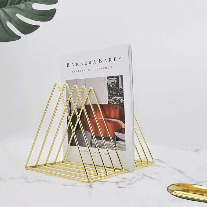 EASEPRES Gold File Holder Organizer, Triangle Record Album Holder Magazine Wire Rack, 9 Slot Multifunction Desktop Storage Decor for Home Office