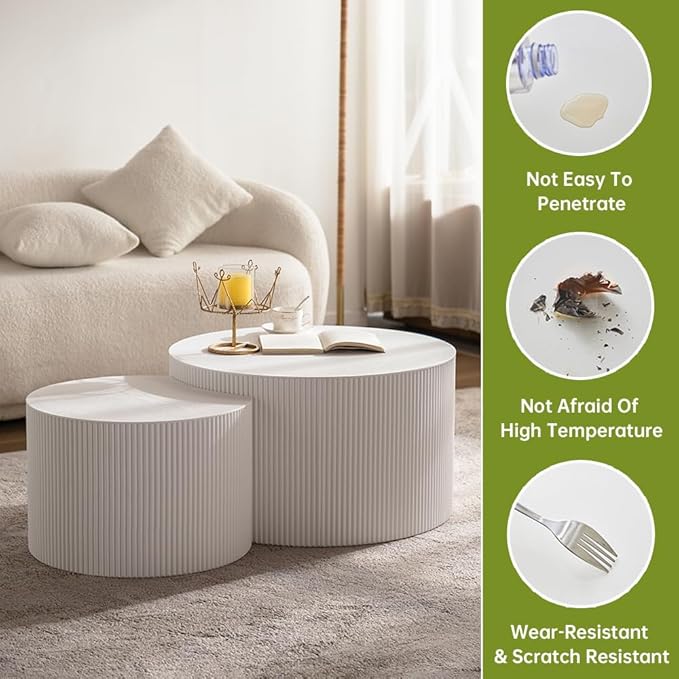 Round Nesting Coffee Table Modern White Fluted Coffee Table Set of 2 Stripe Cream Round Coffee Tables Drum Crescent Side Table Accent End Table for Living Room (White A Large)