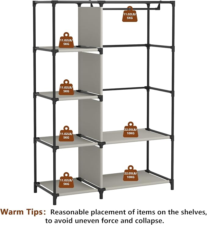 Calmootey Portable Closet Organizers, Clothing Storage, Wardrobe with 6 Shelves and Hanging Rod, Non-Woven Fabric Cover with 4 Side Pockets, Black-NeatNest