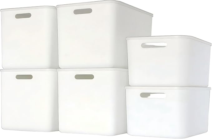 Set Of 6 Plastic Storage Bins With Lids,Versatile Kitchen Pantry Organization and Storage,for Plastic Storage Container Under Bed,Under Sink Bathroom Organizer (White, 4 Medium+2Small)-NeatNest