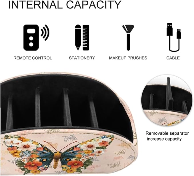 Creative Floral Butterfly Print TV Remote Holder with 5 Compartments, Office Desk Organizers - Nightstand Organizers/Bedside Table Accessory, Storage for Controllers/Media Players Yellow-NeatNest